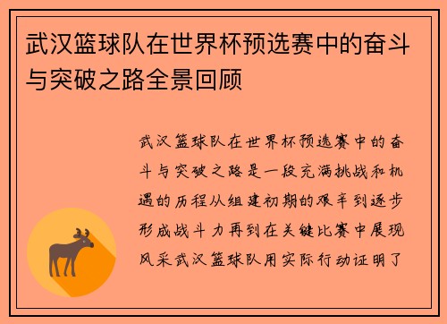 武汉篮球队在世界杯预选赛中的奋斗与突破之路全景回顾