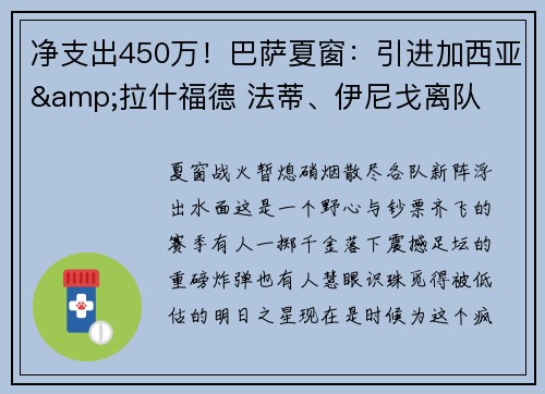 净支出450万！巴萨夏窗：引进加西亚&拉什福德 法蒂、伊尼戈离队