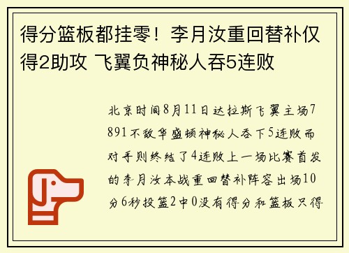 得分篮板都挂零！李月汝重回替补仅得2助攻 飞翼负神秘人吞5连败